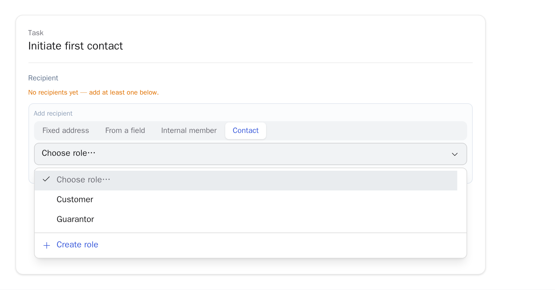 Contact recipient in the task editor with existing roles Customer and Guarantor plus the action “Create role” in the opened dropdown