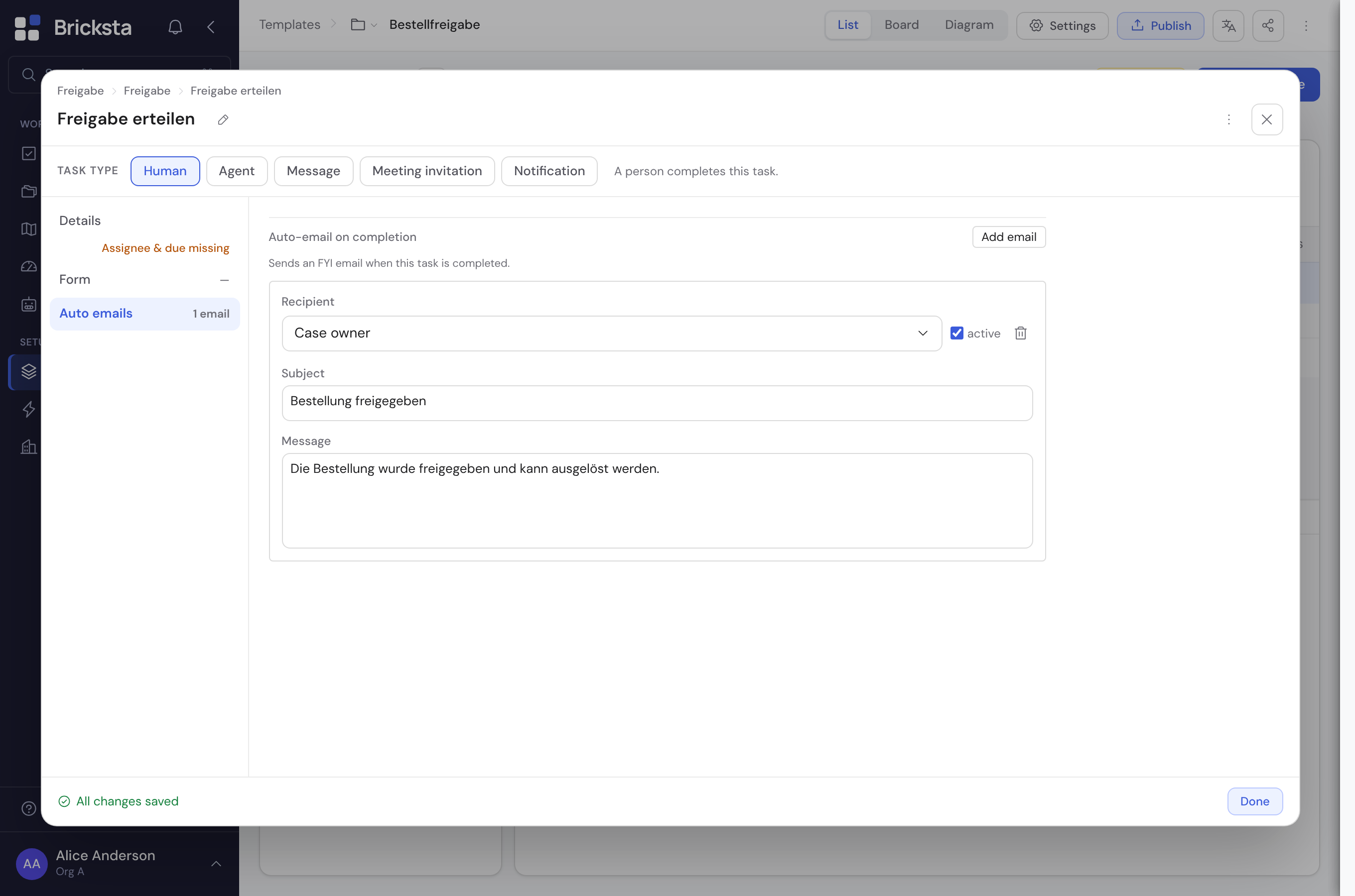 The template editor with the task “Freigabe erteilen” open and the “Auto-email on completion” section: recipient “Case owner”, subject “Bestellung freigegeben” and message text, with an active switch.
