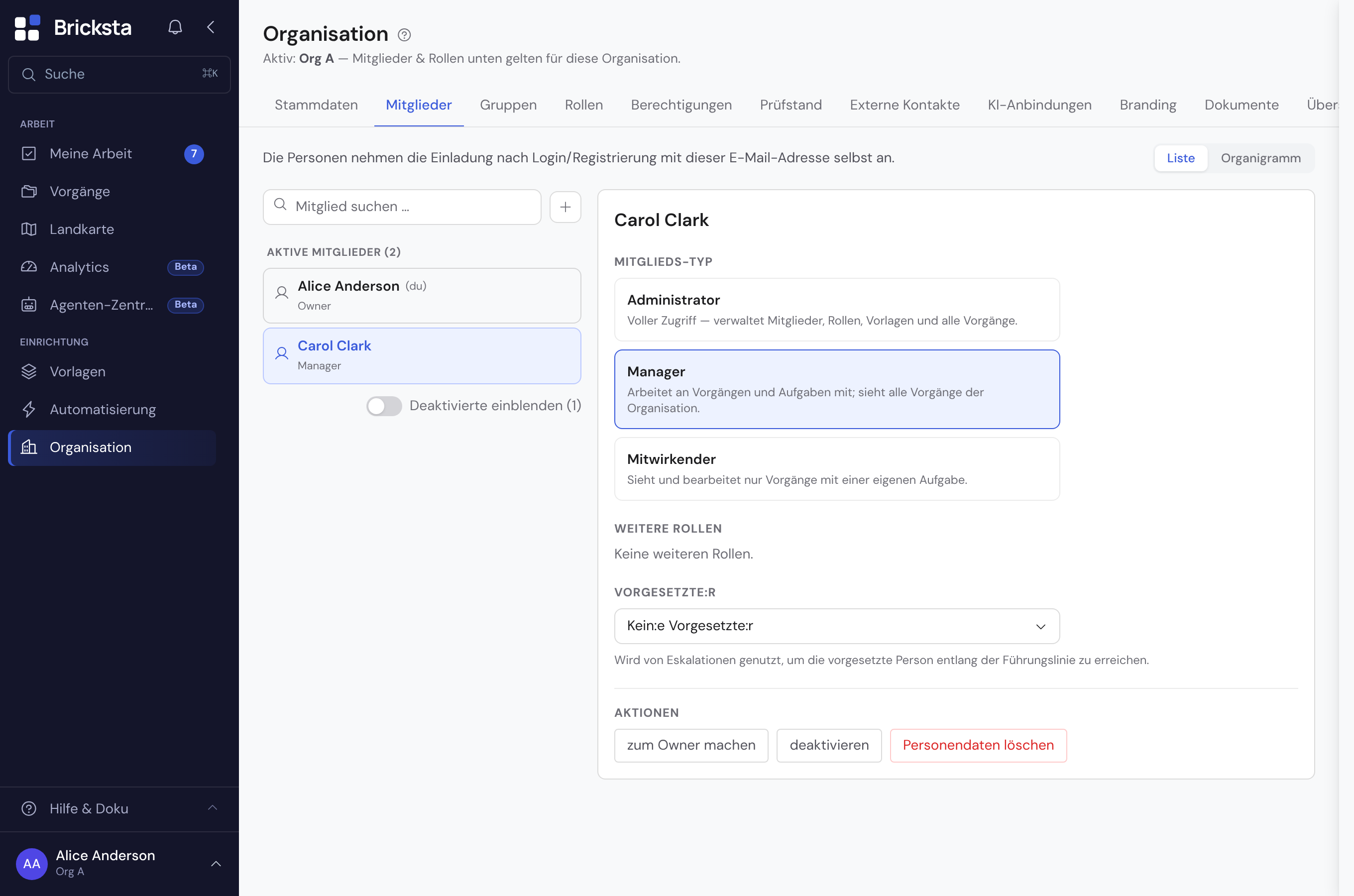 Die Mitglieder-Seite: links die durchsuchbare Mitglieder-Liste, rechts die Details des gewählten Mitglieds
