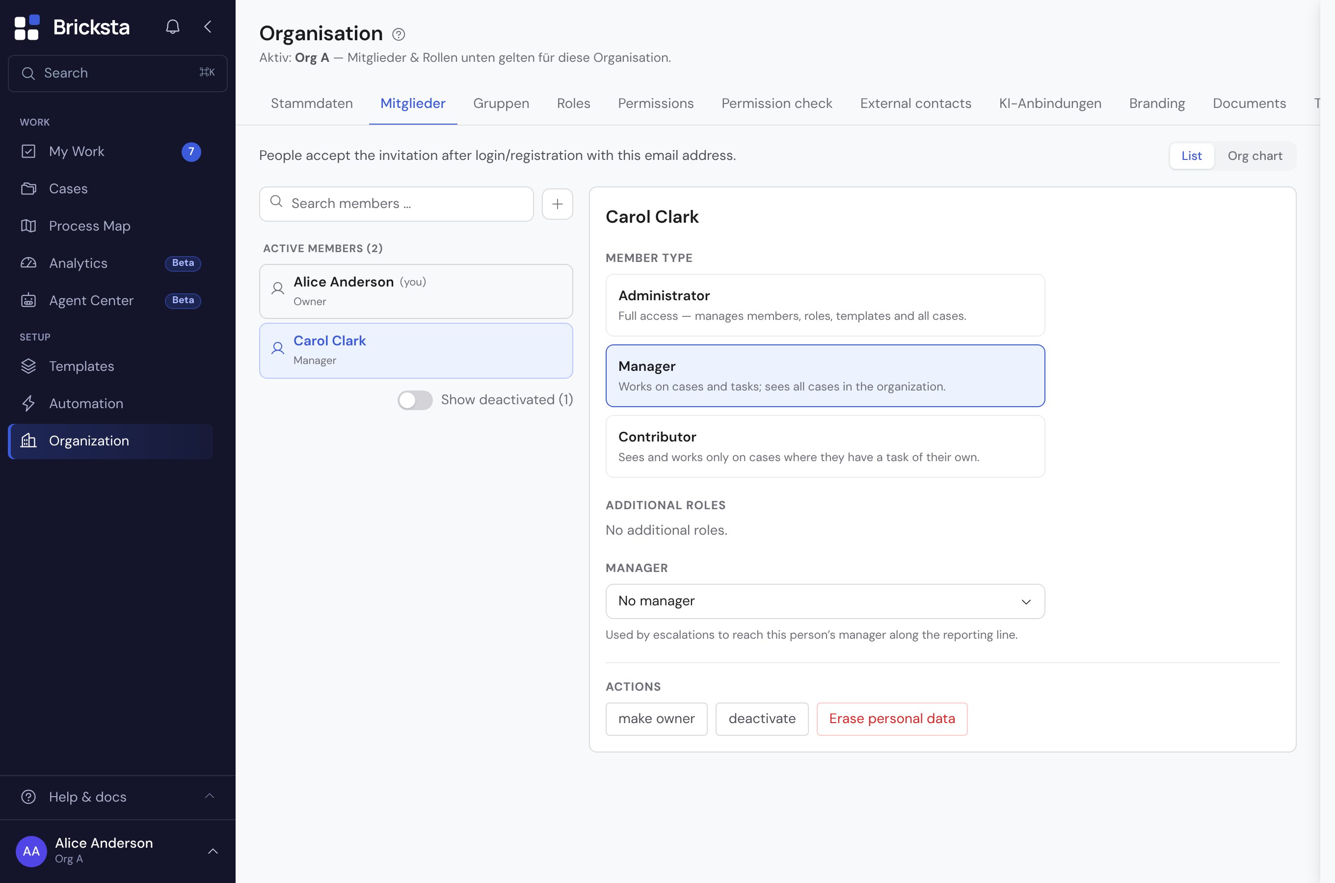 The members page: on the left the searchable member list, on the right the selected member's details