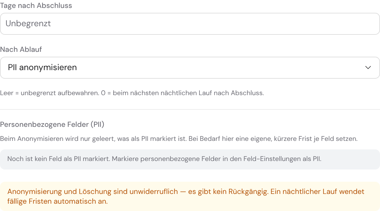 Das Panel „Datenschutz & Aufbewahrung“ mit Aufbewahrungsfrist (Tage nach Abschluss), der Aktion „PII anonymisieren“ und der Übersicht der personenbezogenen Felder