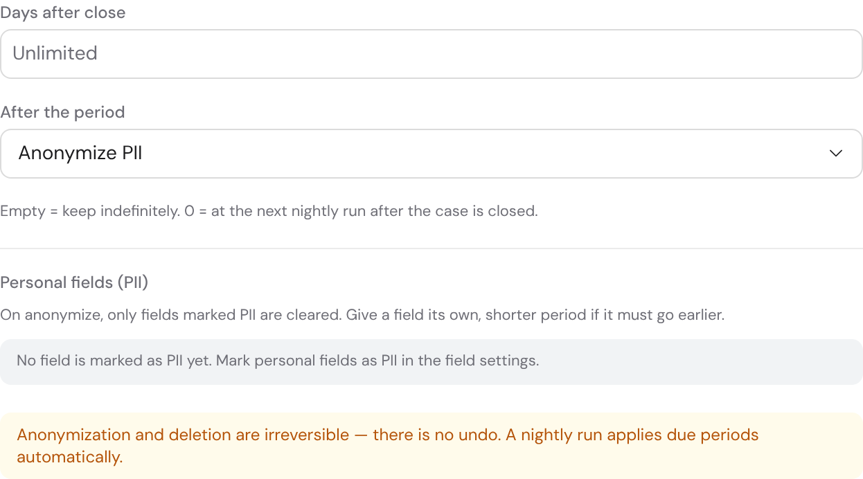The “Data privacy & retention” panel with retention period (days after close), the action “Anonymize PII” and the overview of personal fields