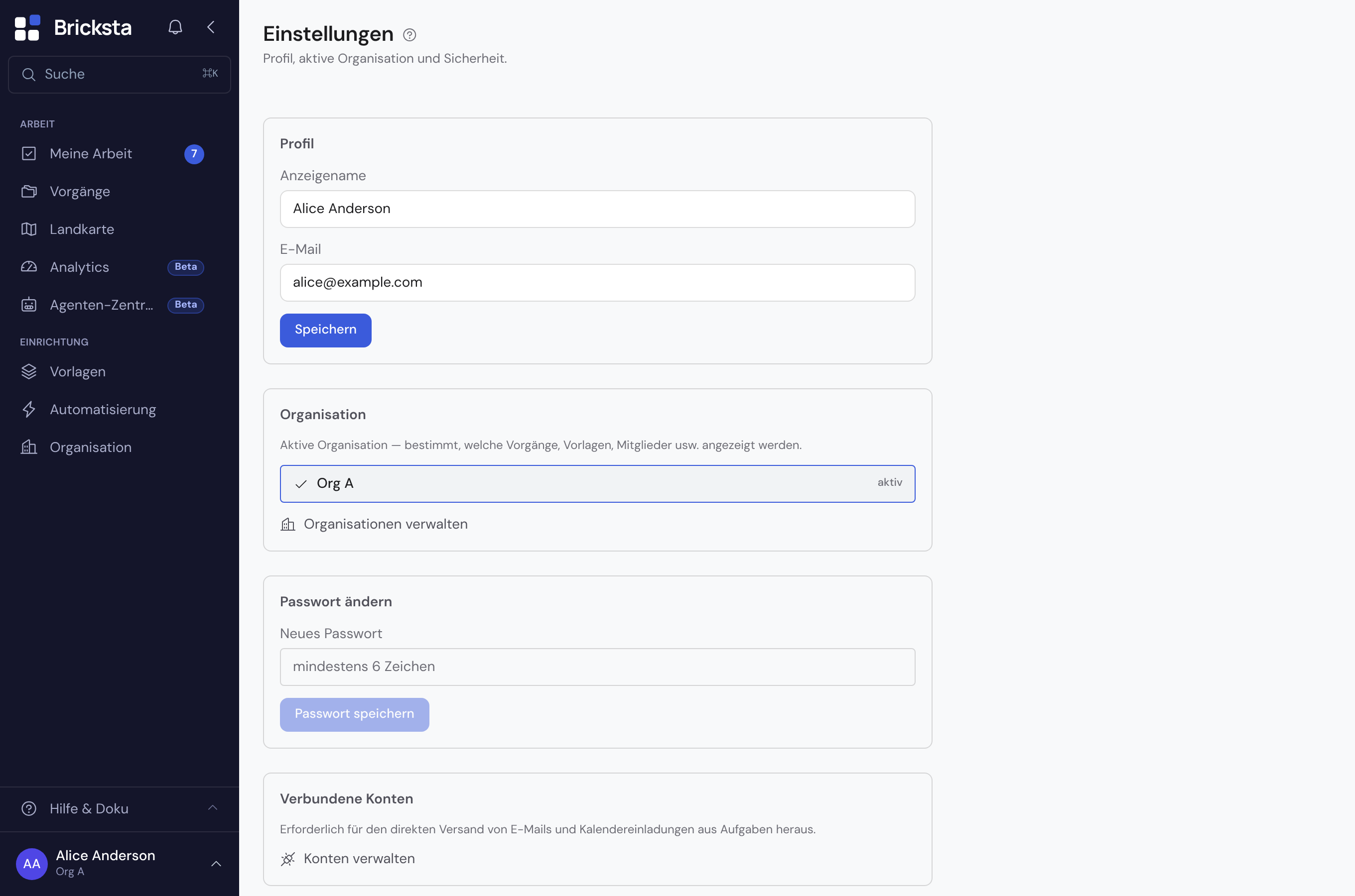 Die Einstellungsseite mit den Bereichen Profil, Organisation, Passwort ändern, Zwei-Faktor-Authentifizierung, Verbundene Konten und Benachrichtigungen