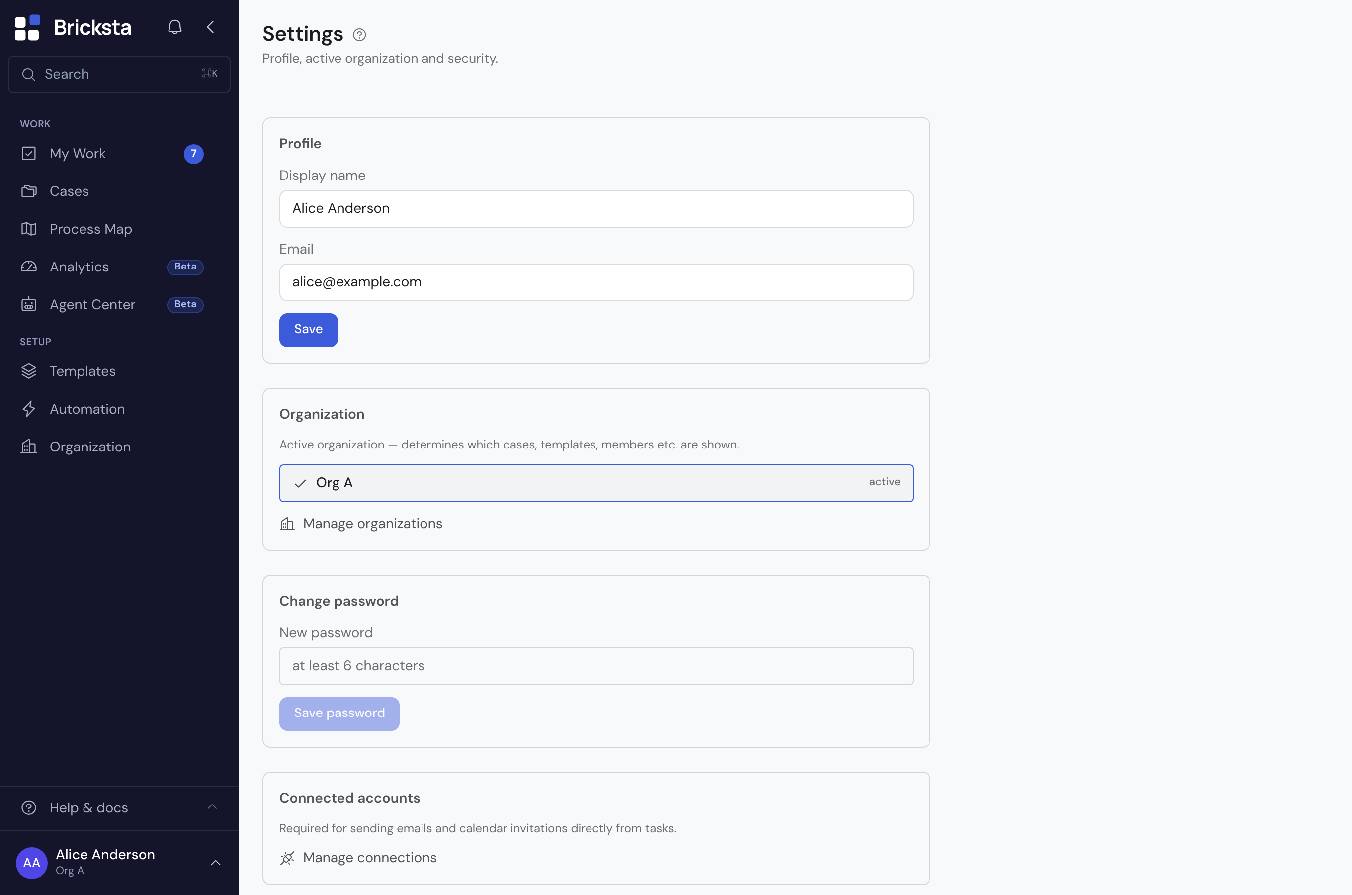 The settings page with the areas Profile, Organization, Change password, Two-factor authentication, Connected accounts and Notifications
