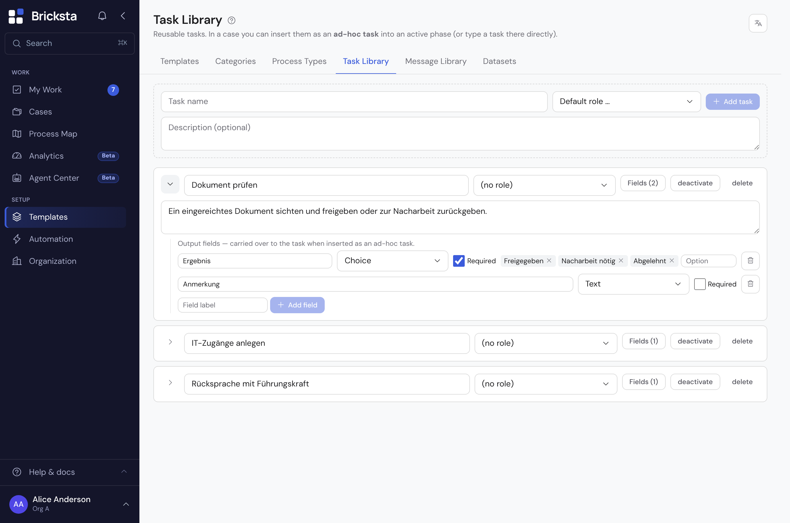 A task-library building block with its field list expanded