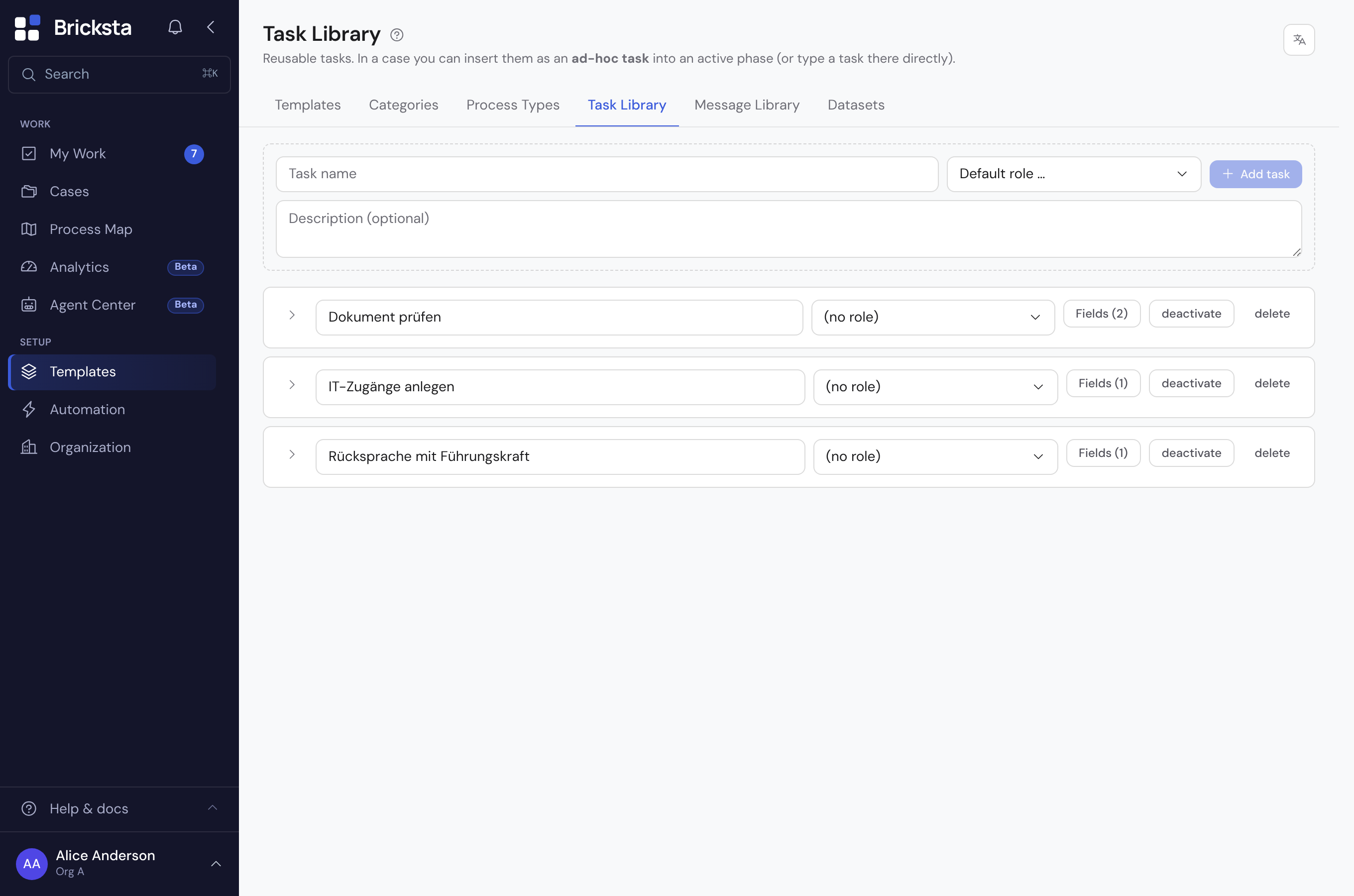The task library with the create form at the top and several building blocks as rows