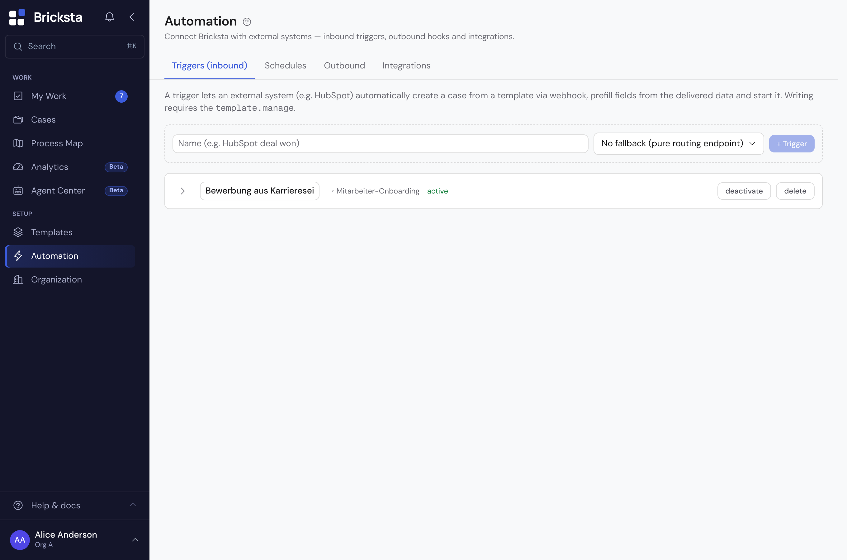 The triggers page with the create form and a configured trigger “Application from careers page”
