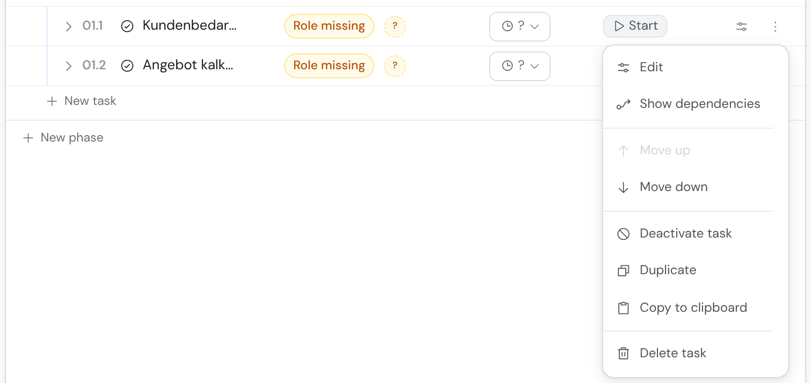 The ⋮ menu of a task row in the template editor with the “Deactivate task” action