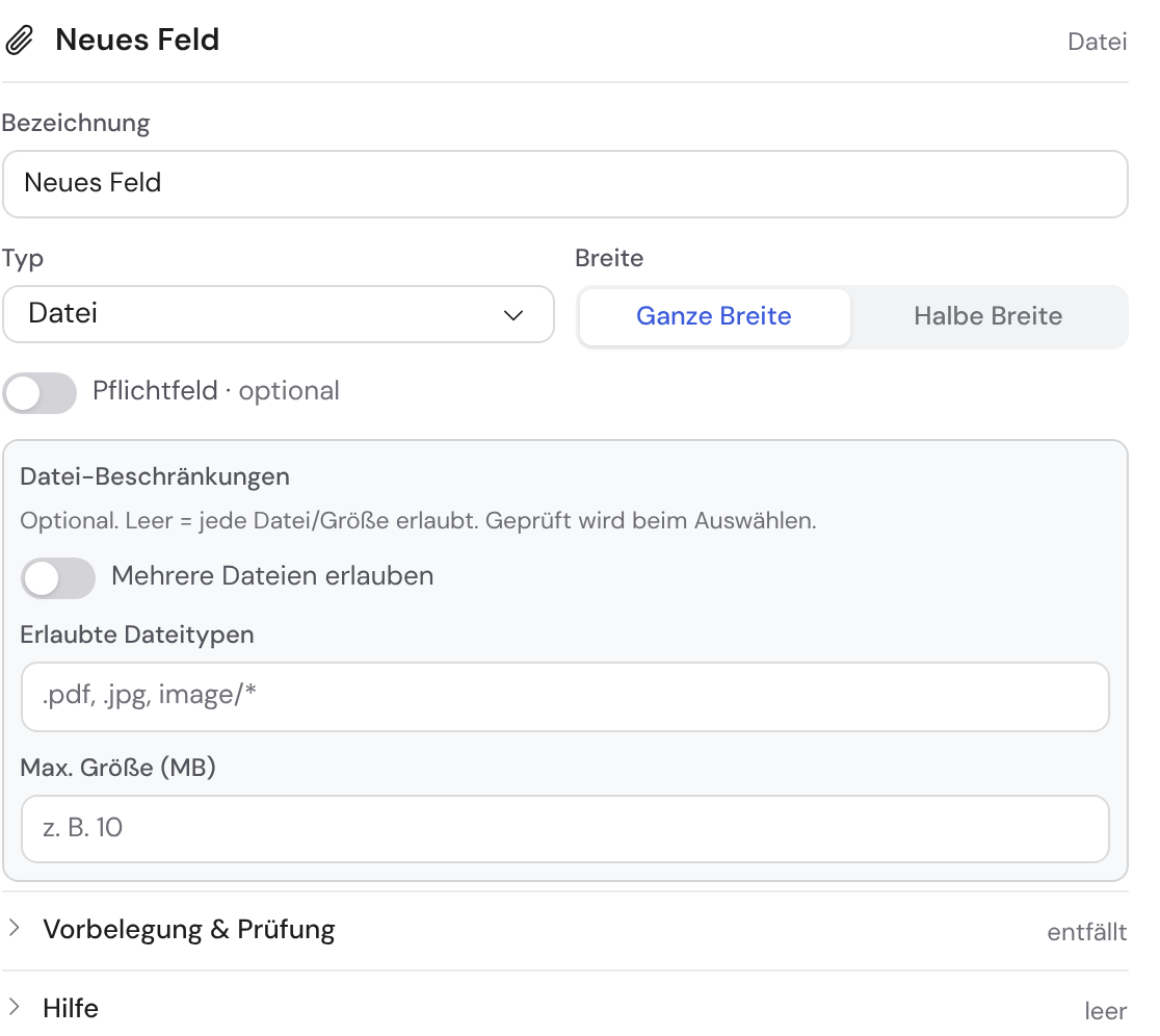 Die Datei-Beschränkungen eines Datei-Upload-Feldes: mehrere Dateien erlauben, erlaubte Dateitypen und maximale Größe in MB