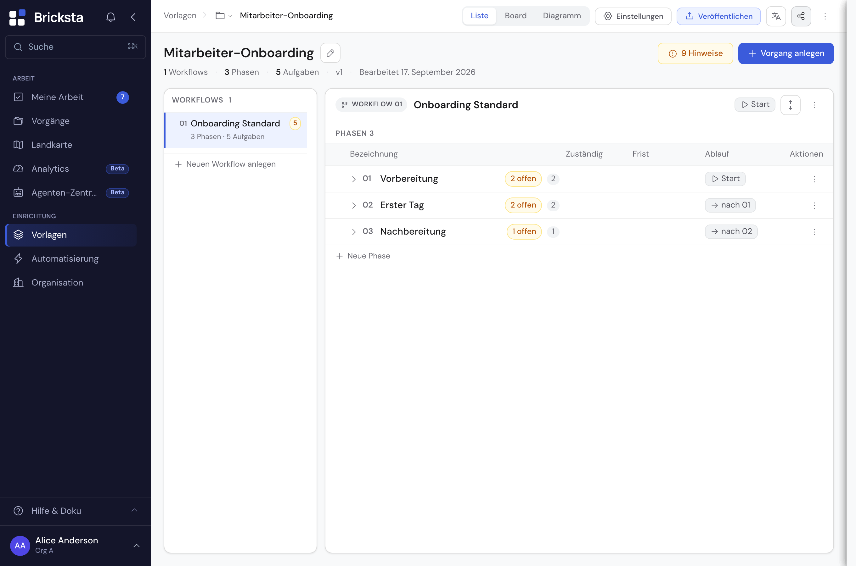 Der Vorlagen-Editor: Titelzeile mit der Hauptaktion „Vorgang anlegen“, im Kopf die Aktionen „Einstellungen“ und „Veröffentlichen“, ein Teilen-Symbol und das Drei-Punkte-Menü, darunter der Bereich Workflows & Phasen