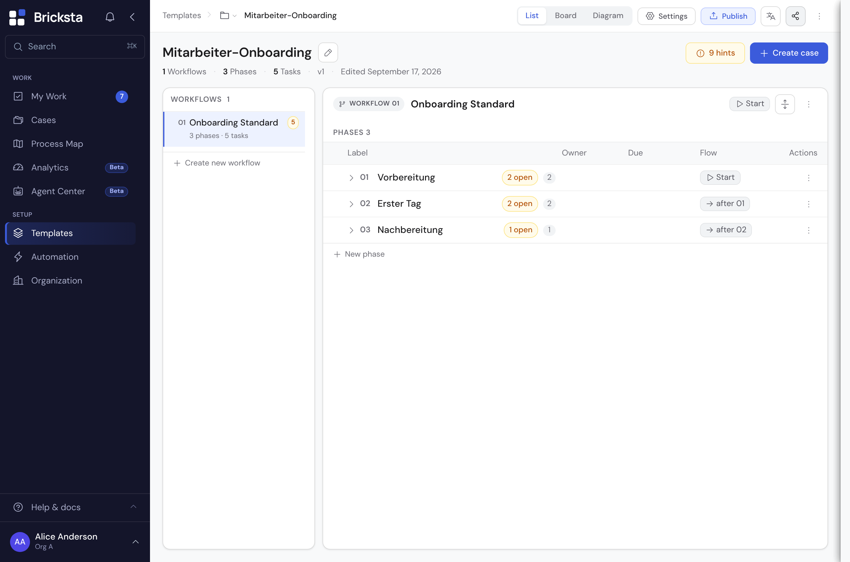 The template editor: the title row with the primary action “Create case”, the “Settings” and “Publish” actions, a share icon and the three-dot menu in the header, below it the Workflows & Phases area