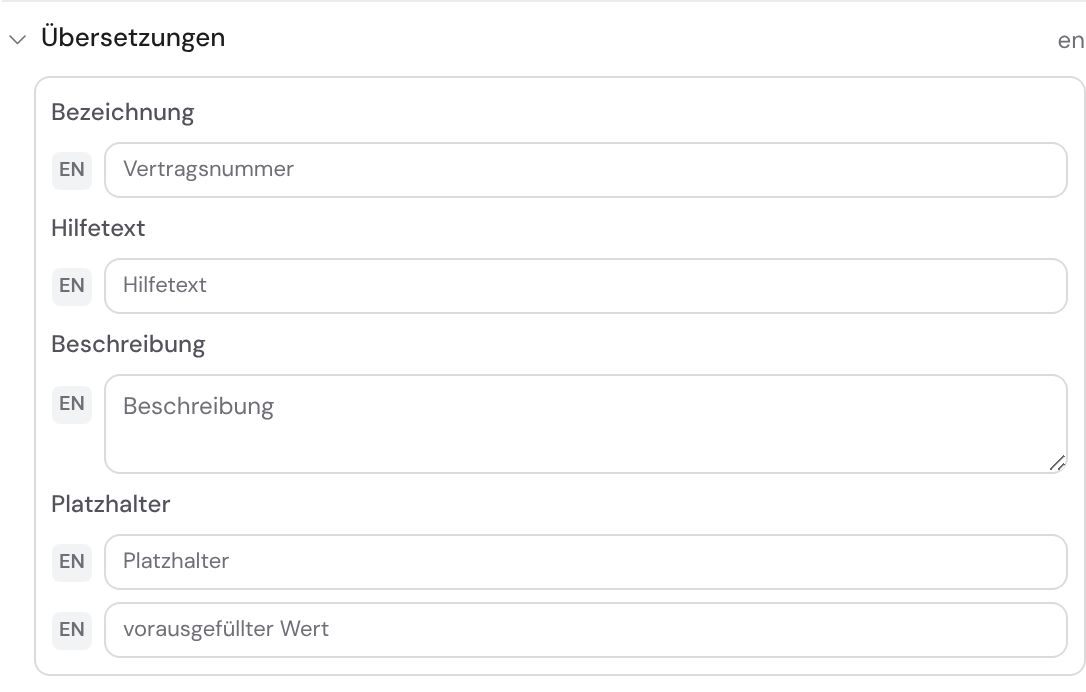 Der Übersetzungen-Block eines Feldes mit dem Sprach-Umschalter und Eingaben für Label, Hilfetext, Beschreibung, Platzhalter und Vorbelegung