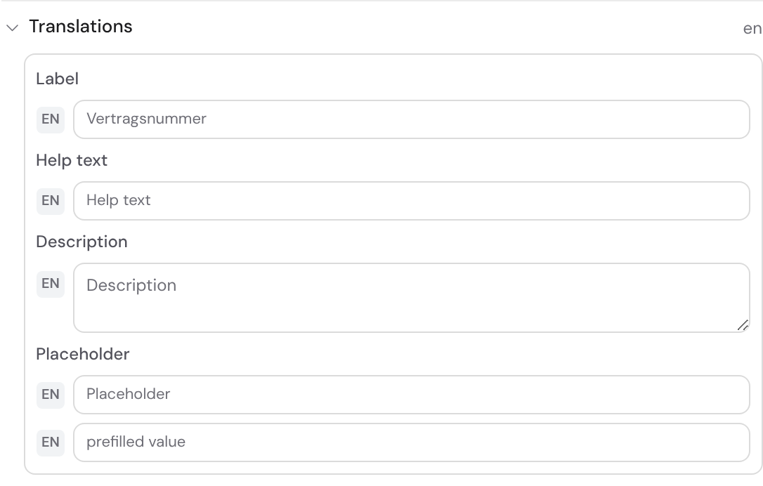 A field's translations block with the language switcher and inputs for label, help text, description, placeholder and prefilled value