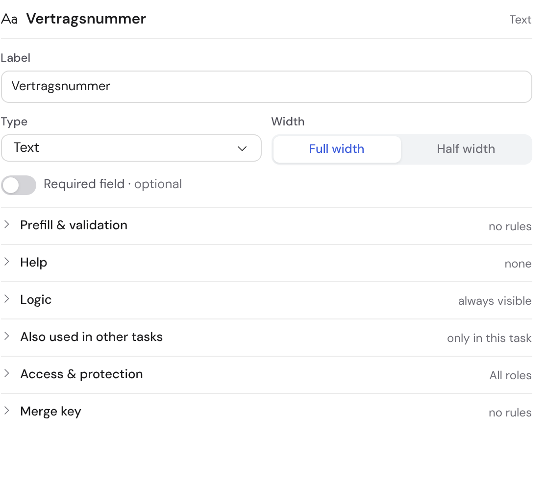 A field's settings panel with label, type, width, required, PII, field retention, help text, description and translations