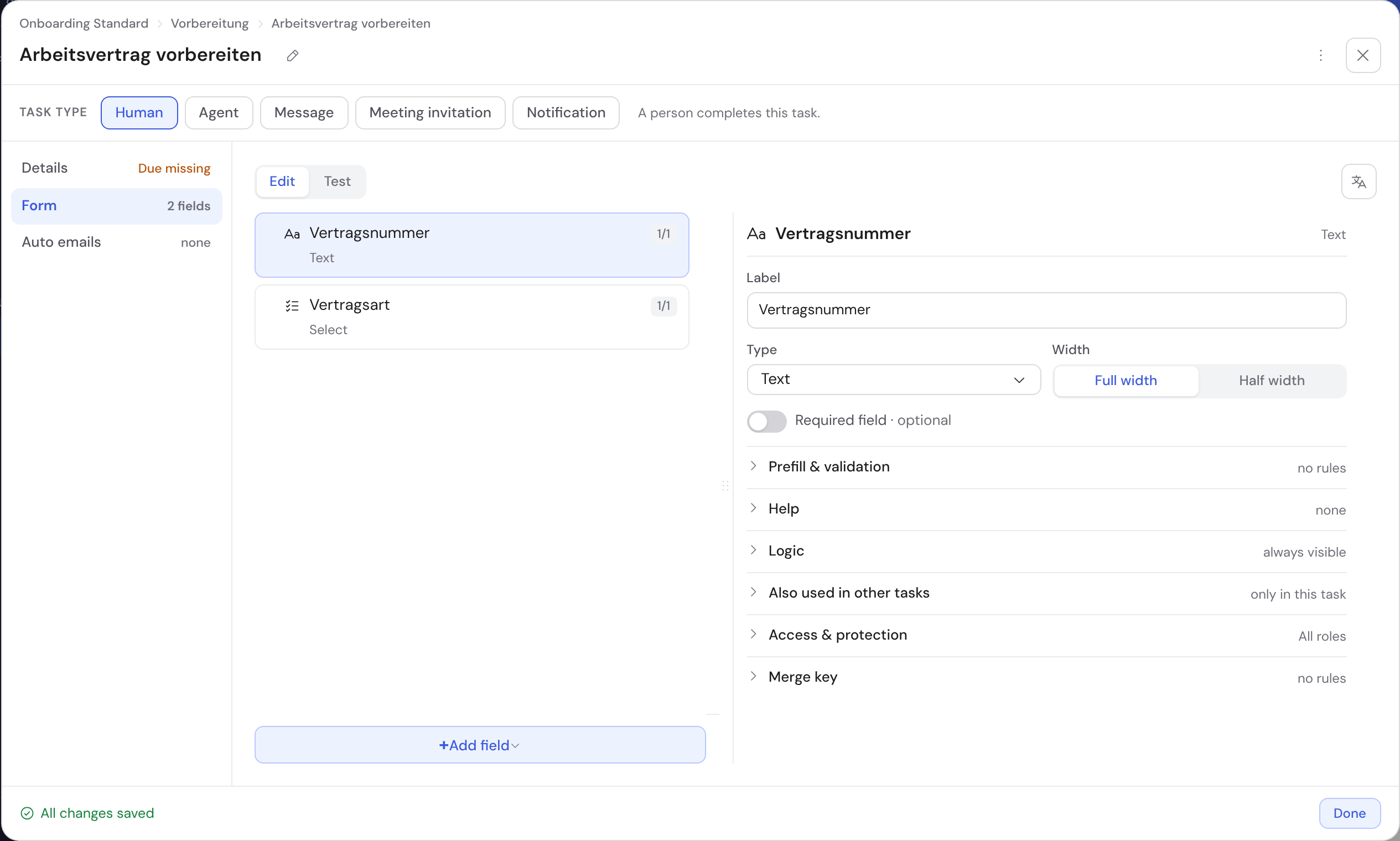 A task's form editor: the field preview on the left with the “Add field” button, the settings panel of the selected field on the right