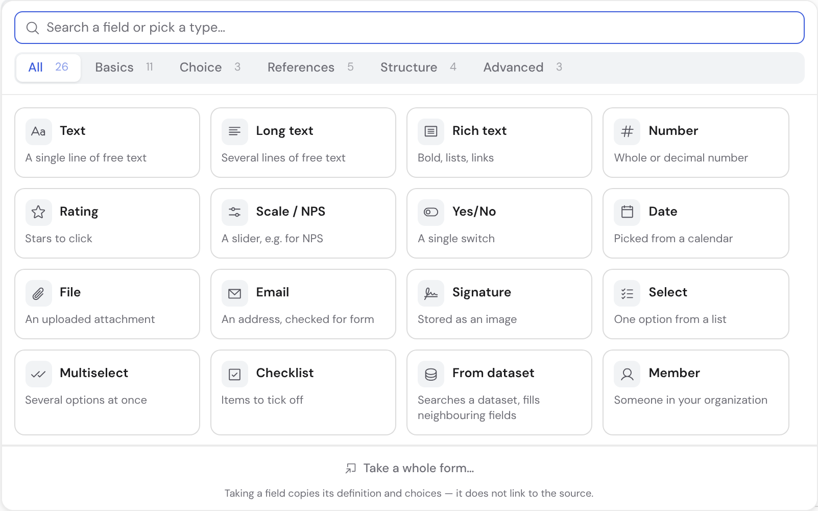 The “Add field” menu in the form editor: the types as tiles with a one-line explanation, with category tabs above