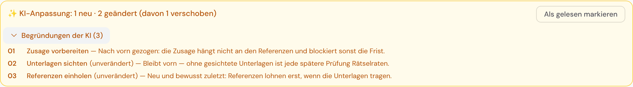 Dasselbe Band, aufgeklappt: drei nummerierte Begründungen der KI, zwei davon mit dem Zusatz „unverändert“
