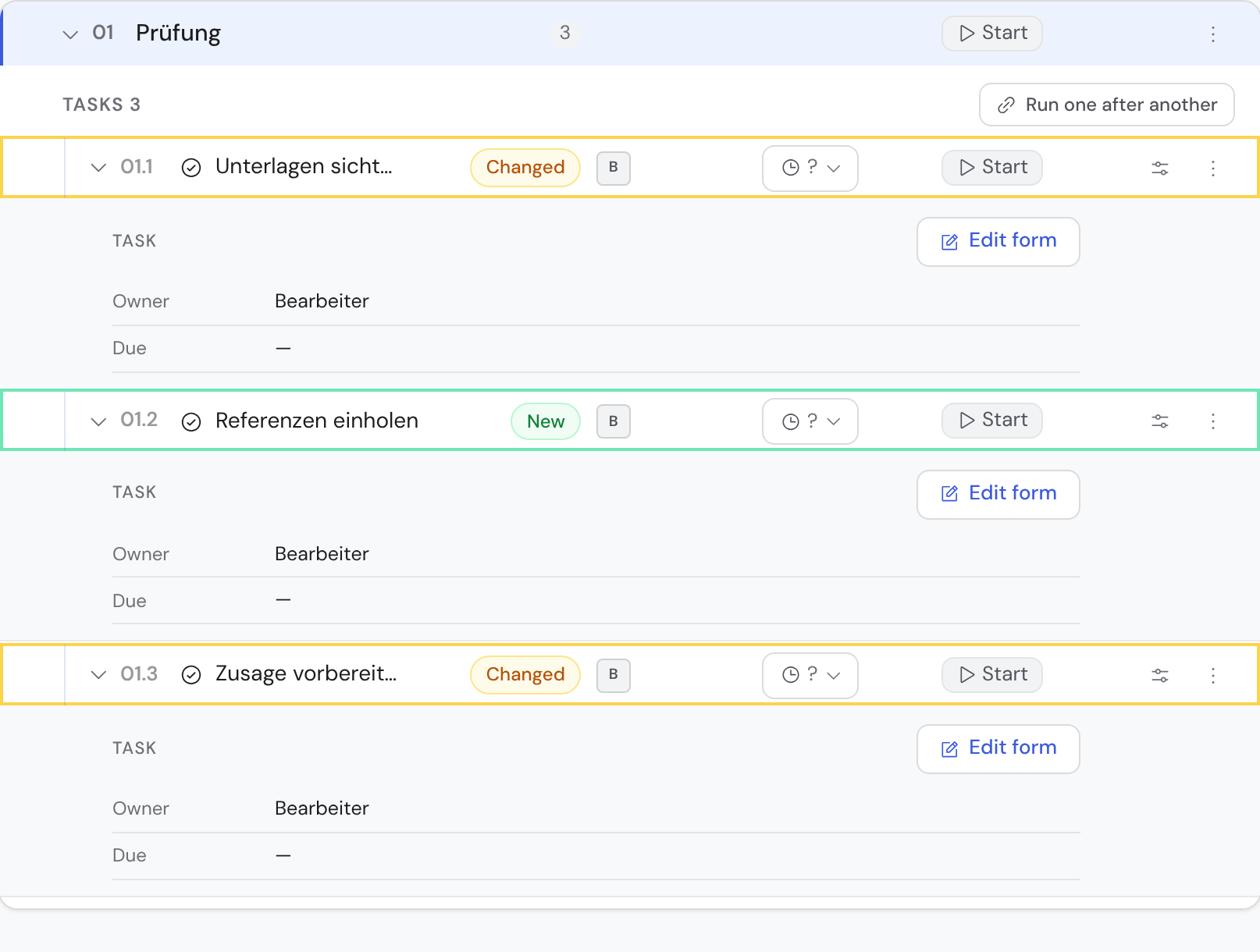Three task rows in the template editor with coloured outlines: amber with “Changed”, green with “New”, amber with “3 → 1”