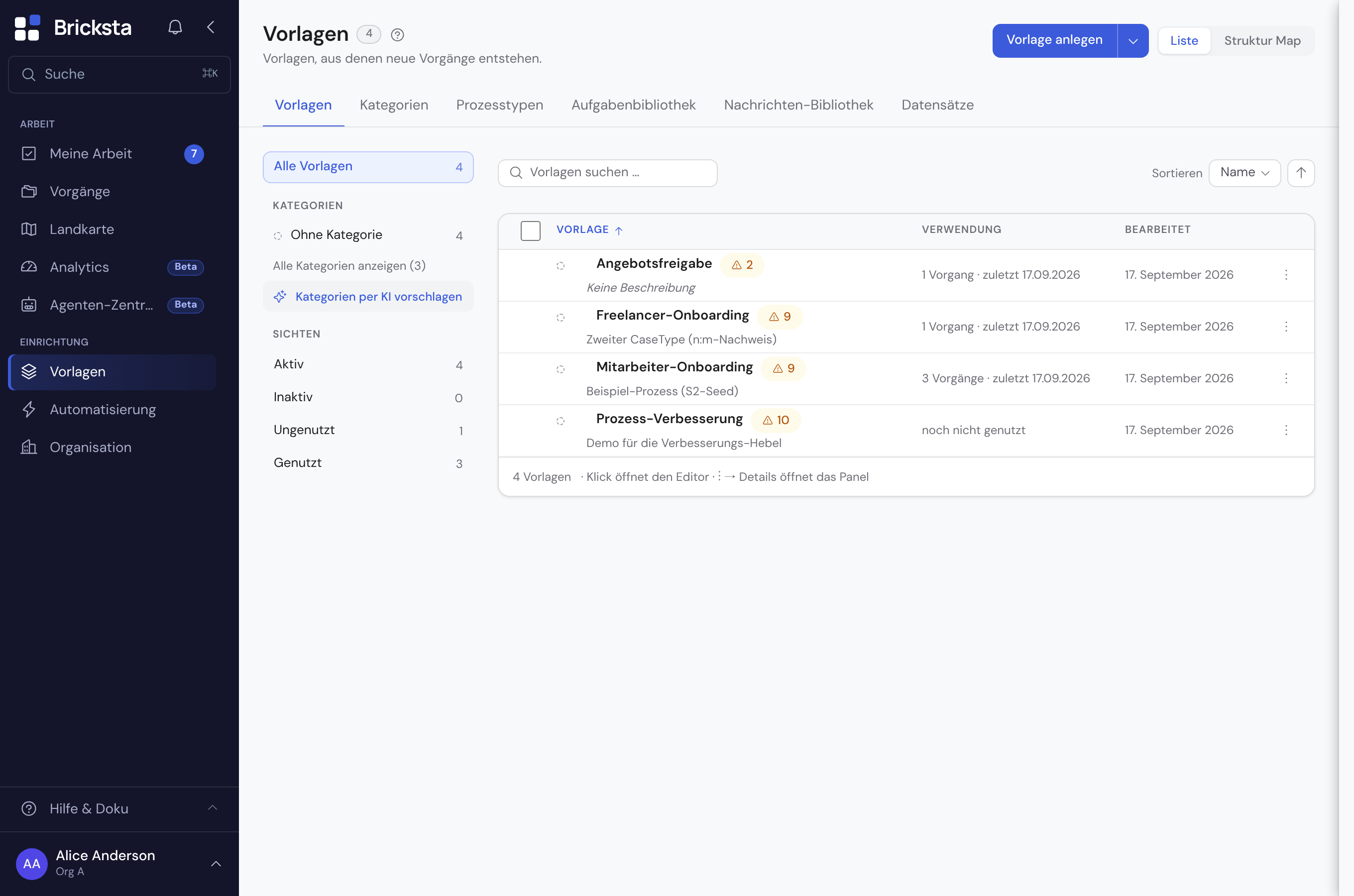 Die Vorlagen-Seite mit den vorhandenen Vorlagen als Zeilenliste und der Aktion „Vorlage anlegen“ oben rechts