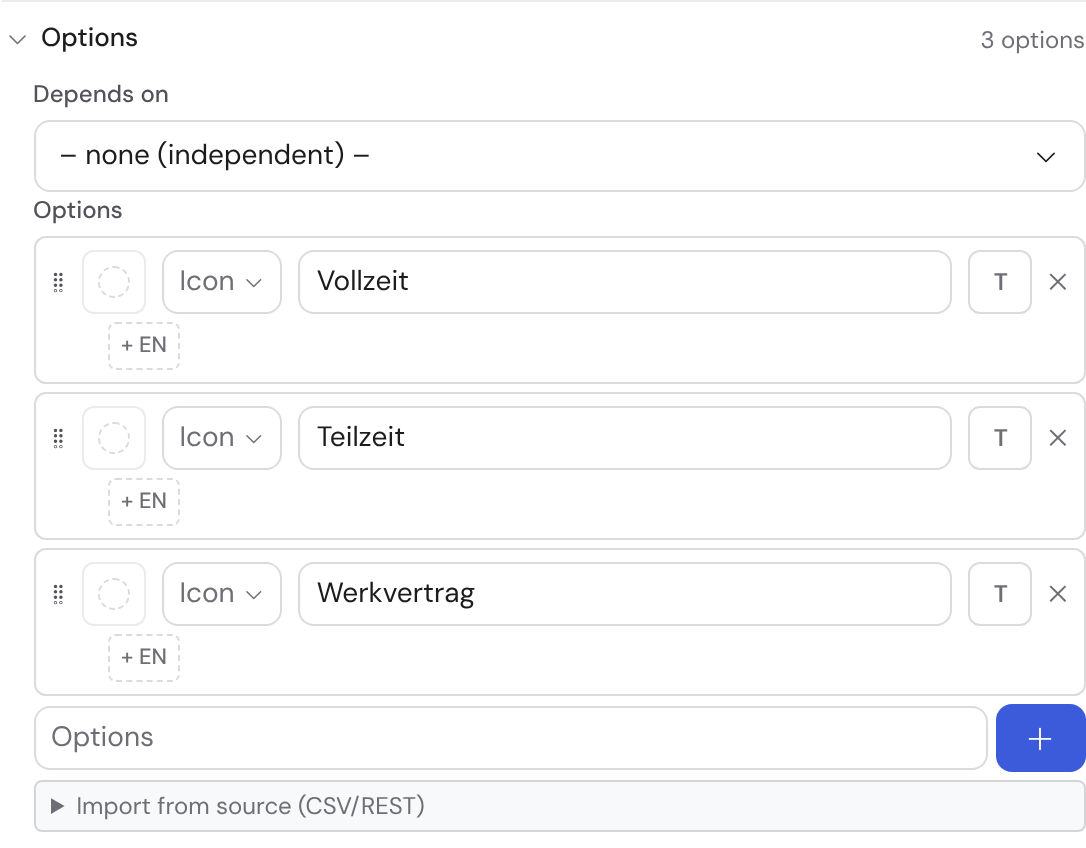 The option editor of a choice field with colour, icon and free text per option plus import from a source