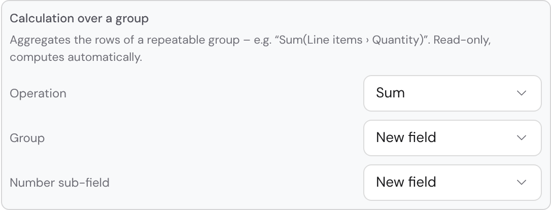 The configuration of a group rollup: operation (Sum), the underlying group and the aggregated number sub-field