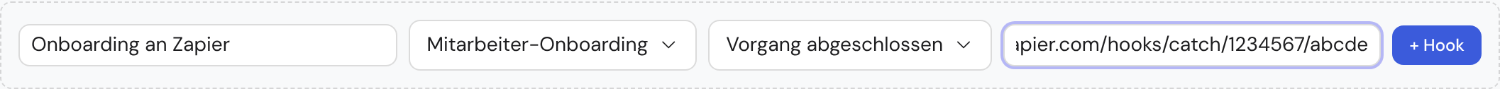 Das ausgefüllte Anlege-Formular eines Webhooks: Name „Onboarding an Zapier“, Vorlagen-Auswahl „Mitarbeiter-Onboarding“, Ereignis-Auswahl und die Ziel-URL, rechts der „Hinzufügen“-Button.