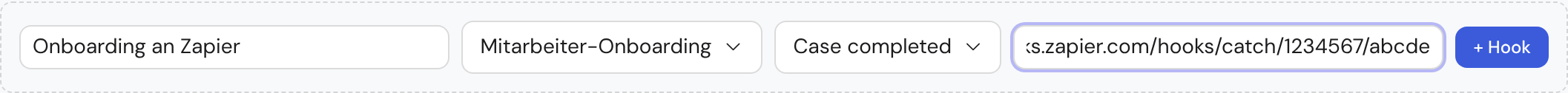The filled-in create form for a webhook: name “Onboarding an Zapier”, template picker “Mitarbeiter-Onboarding”, event picker and the target URL, with the “Add” button on the right.